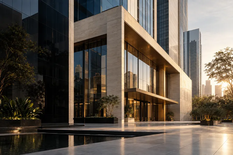 Arquitetura contemporânea em vidro e pedra sob a luz da manhã, imagem conceitual de capital e crescimento.
