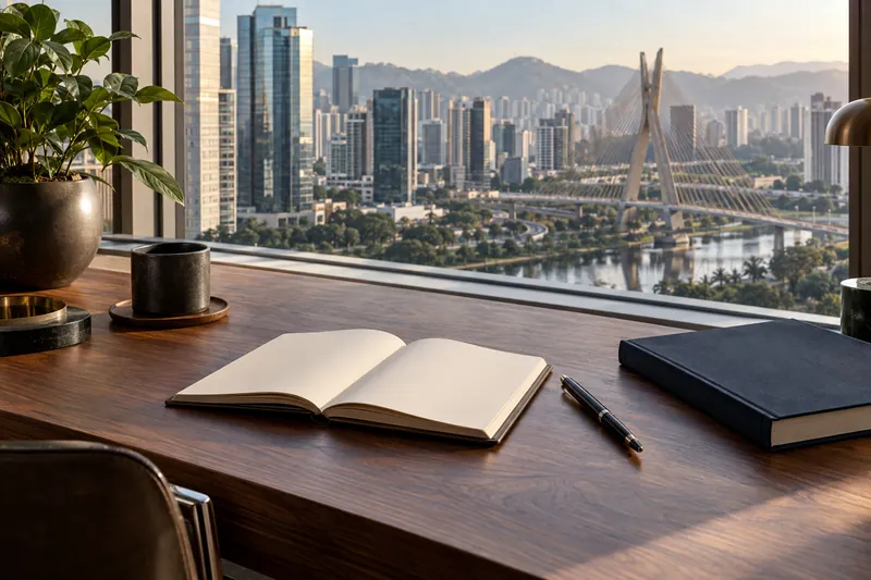 Caderno de planejamento financeiro diante de uma vista urbana.