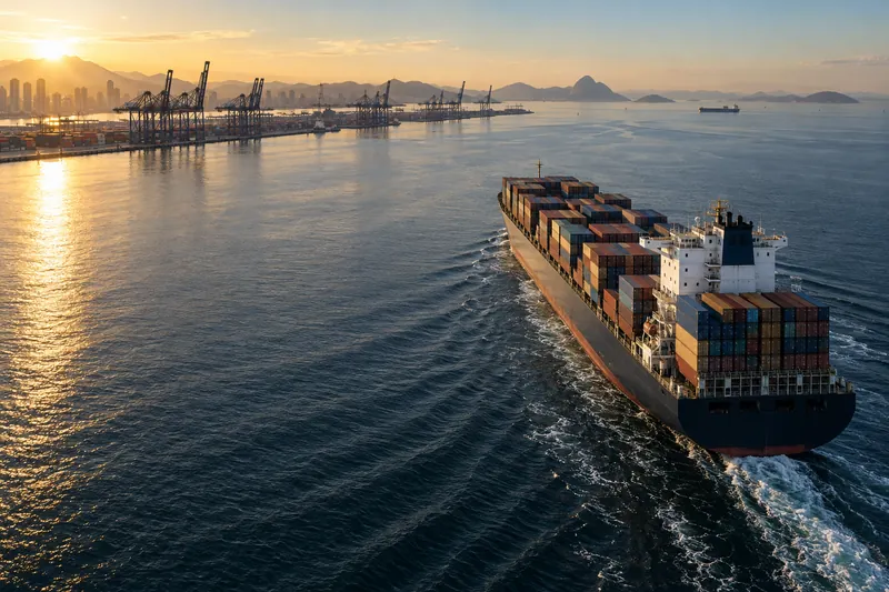 Navio de contêineres em uma operação de comércio internacional.
