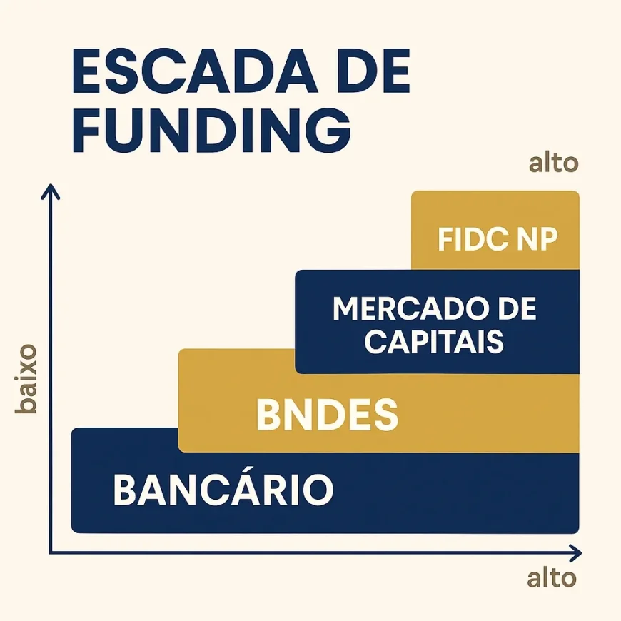 Escada de funding do risco baixo ao alto: BNDES → bancário → mercado de capitais → FIDC NP