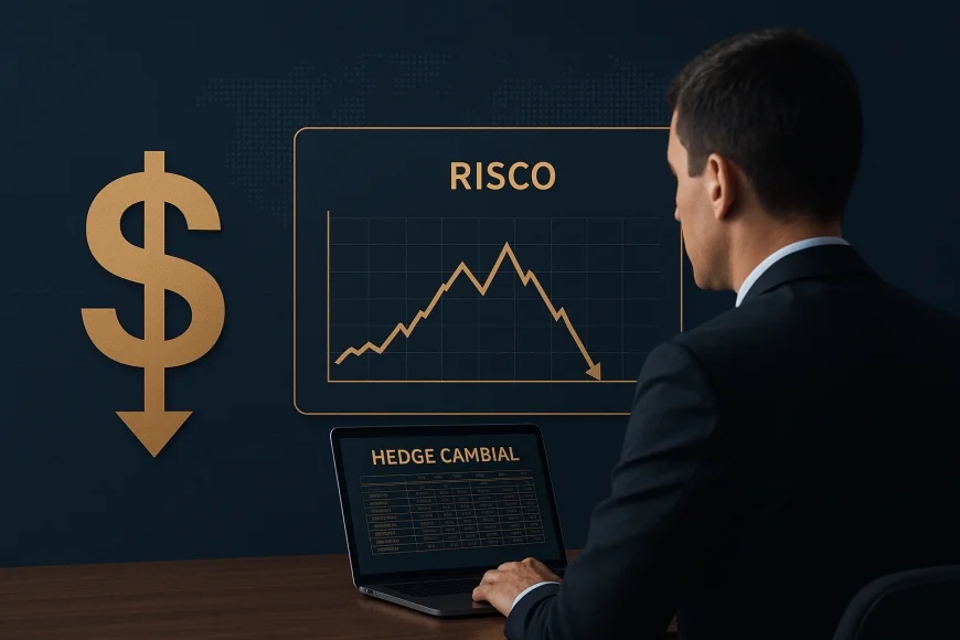 Analista de tesouraria avaliando risco cambial com gráficos e contratos em USD
