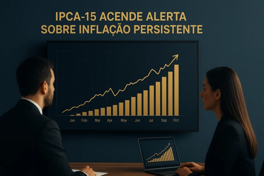 Analistas observando curva de juros e gráfico de inflação em mesa financeira