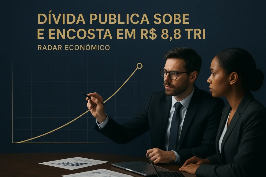 Analistas financeiros observando gráficos de dívida e juros em mesa corporativa