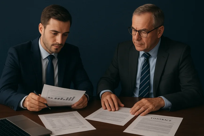Empresário e analista revisando documentos financeiros para aprovação de crédito