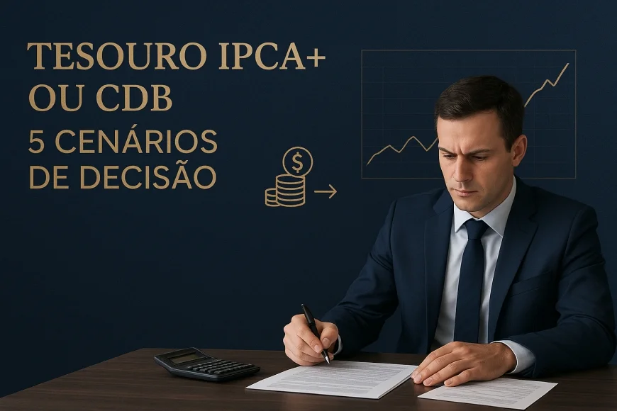 Analista financeiro comparando títulos com curva de juros ao fundo