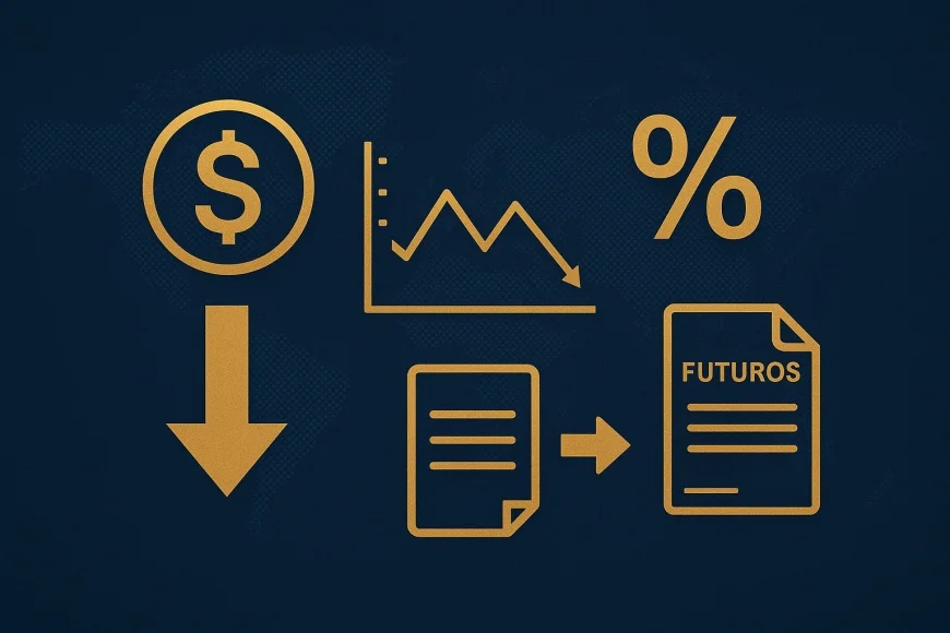 Analistas em mesa financeira monitorando dólar e juros futuros