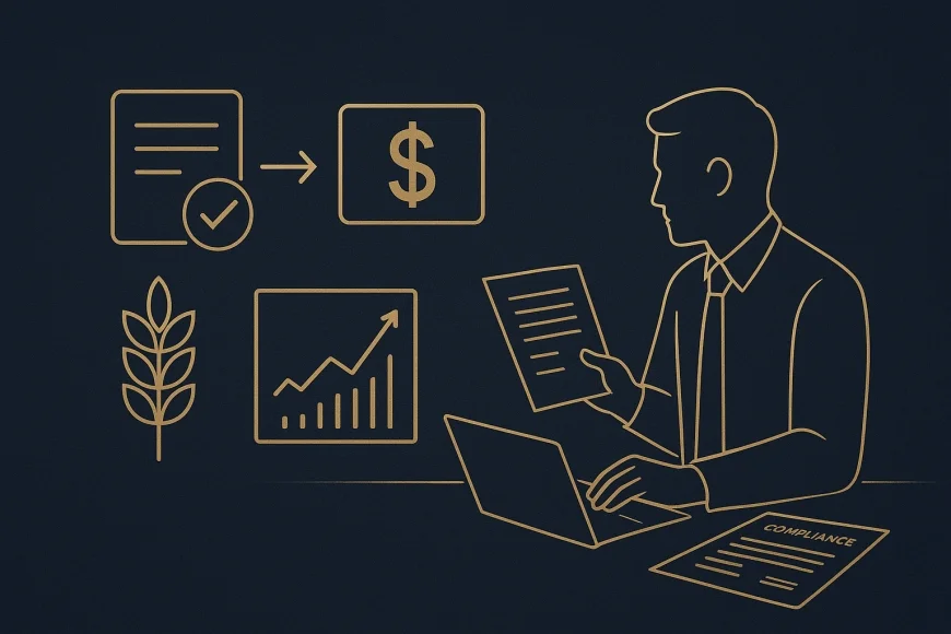 Analista financeiro revisando contratos de exportação e hedge cambial