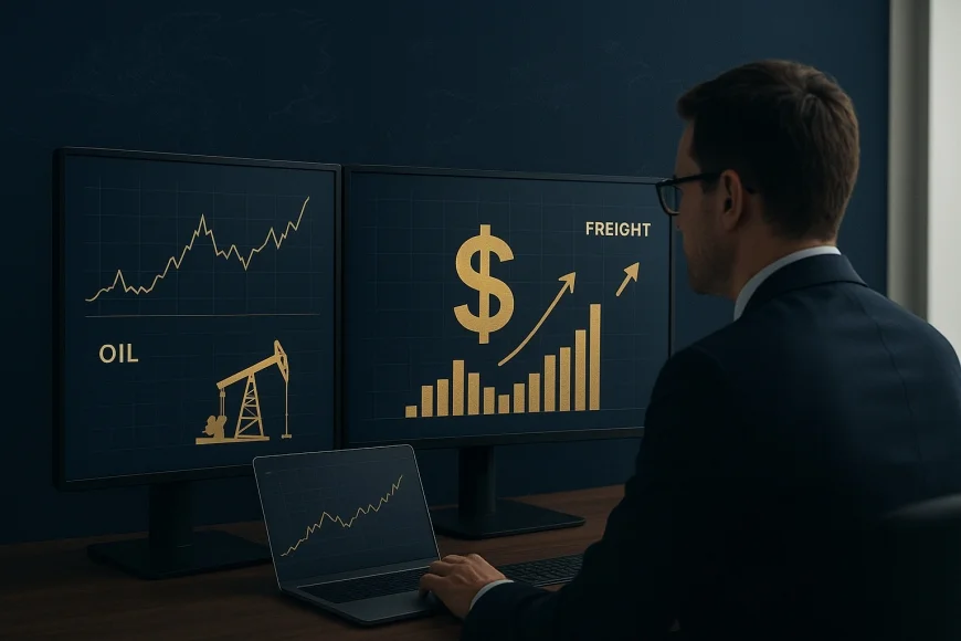 Analista financeiro monitora petróleo, dólar e frete marítimo em tela corporativa
