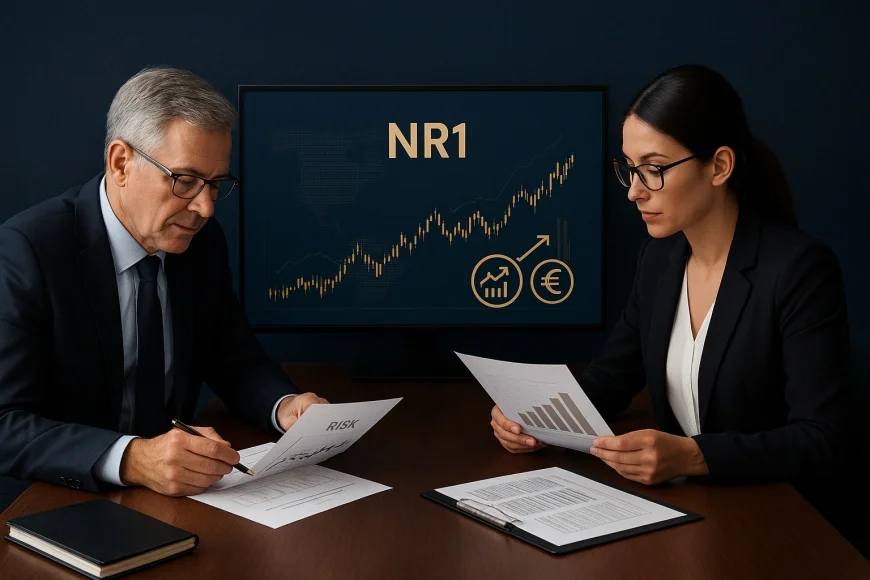 Analistas revisando contratos e indicadores de risco em mesa corporativa