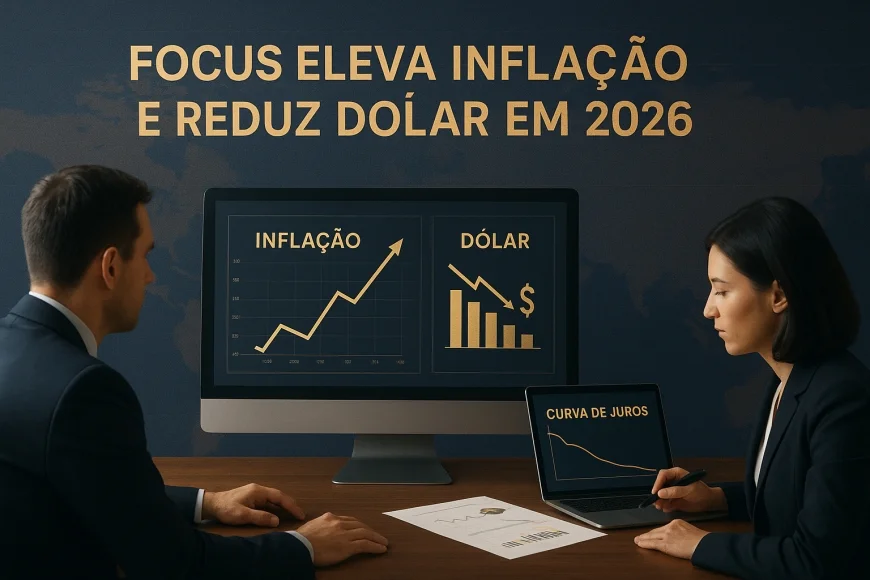 Analistas em mesa de câmbio avaliando inflação, dólar e curva de juros
