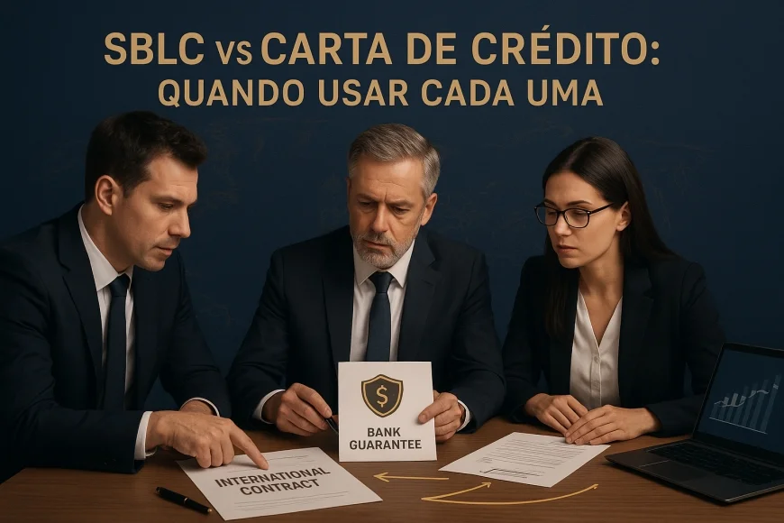 Analistas avaliando contrato internacional e documentos de garantia bancária