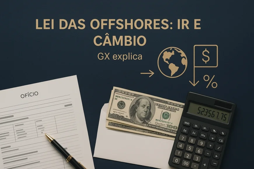 Mesa executiva com extratos em dólar e planilhas fiscais
