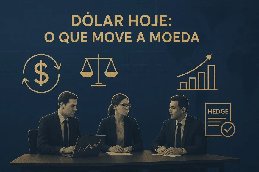 Analistas em mesa de câmbio avaliando hedge e cotação do dólar