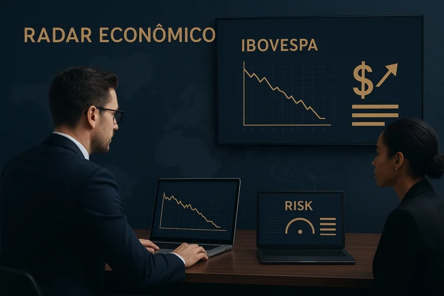 Analistas observam gráficos de bolsa e câmbio em sala de operação