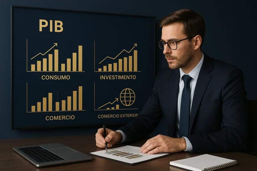 Analista financeiro observando gráficos sobre consumo, investimento e comércio exterior