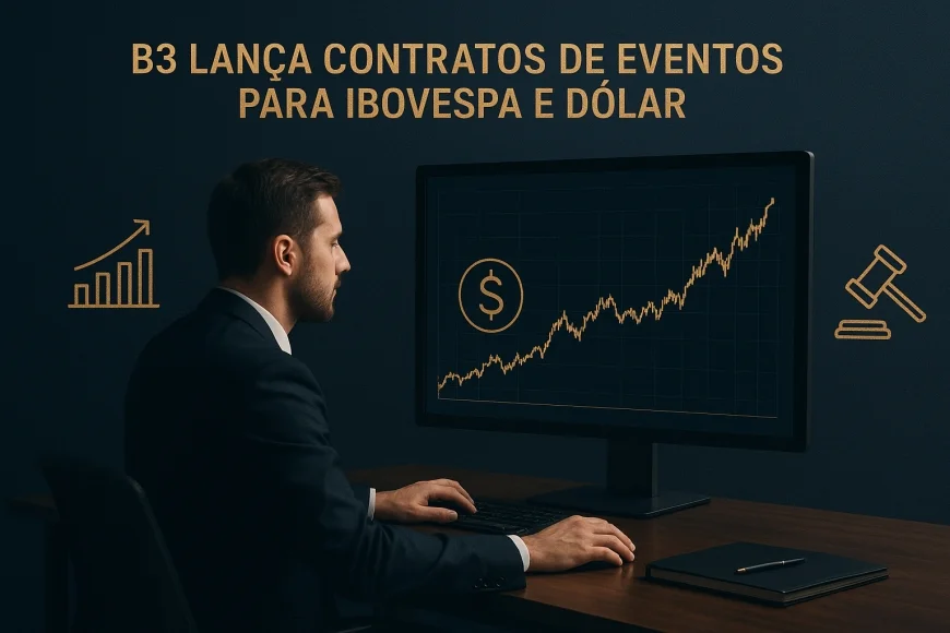 Mesa de trading analisando derivativos de dólar e Ibovespa em tela profissional