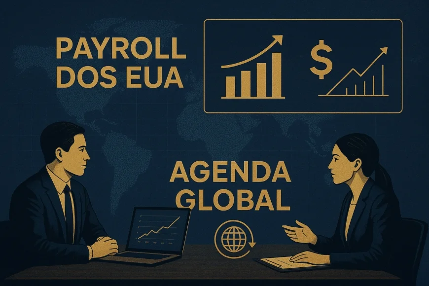 Analistas em mesa financeira acompanhando payroll, dólar e curva de juros