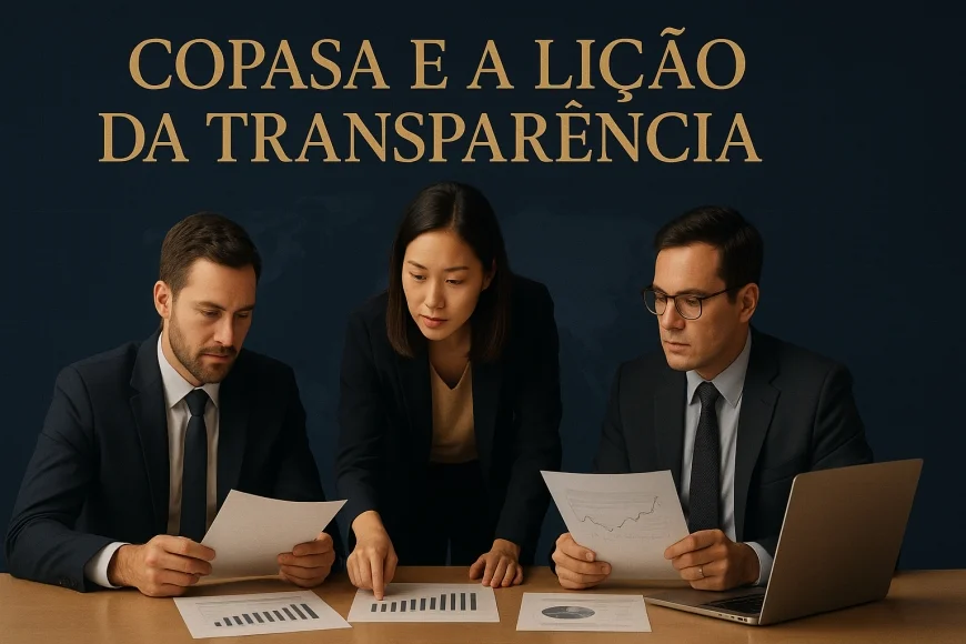 Analistas financeiros revisando documentos de oferta pública e gráficos regulatórios