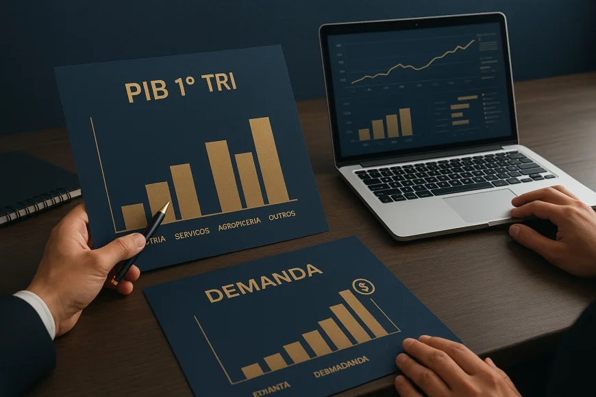 Analistas revisando gráficos de PIB e setores em mesa de trabalho