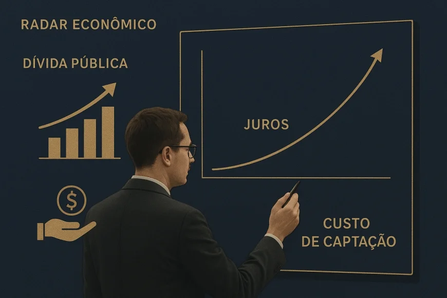 Analista financeiro observando gráficos de dívida e curva de juros em monitor