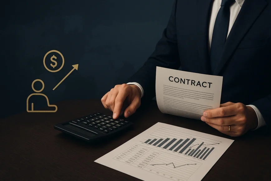 Profissional analisando contratos e planilha de orçamento sobre a mesa