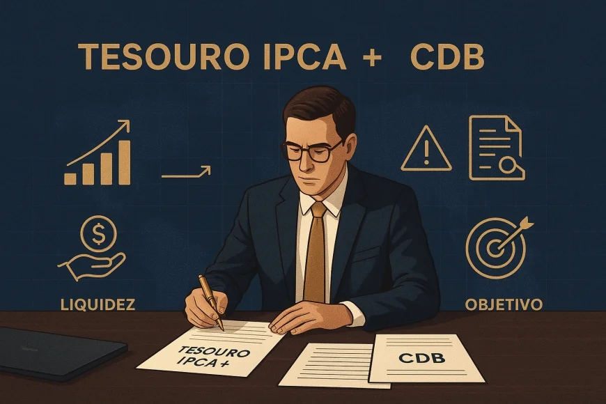 Analista financeiro comparando títulos de renda fixa em mesa de trabalho