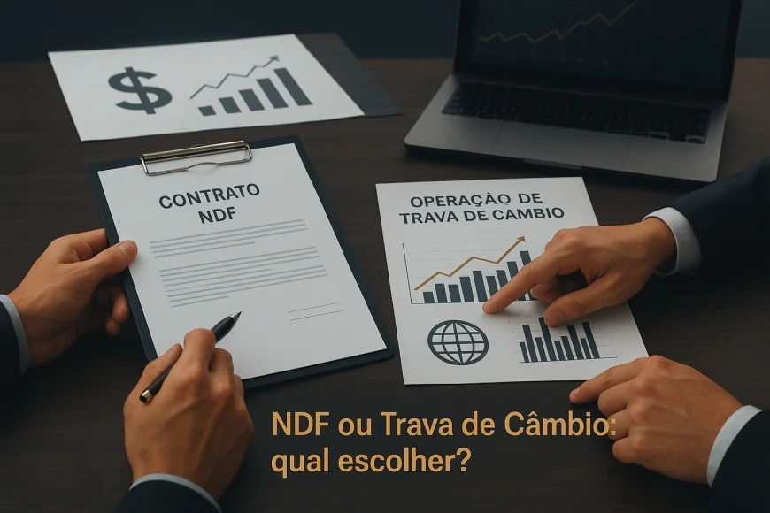 Analistas financeiros comparando contrato de hedge cambial em mesa corporativa