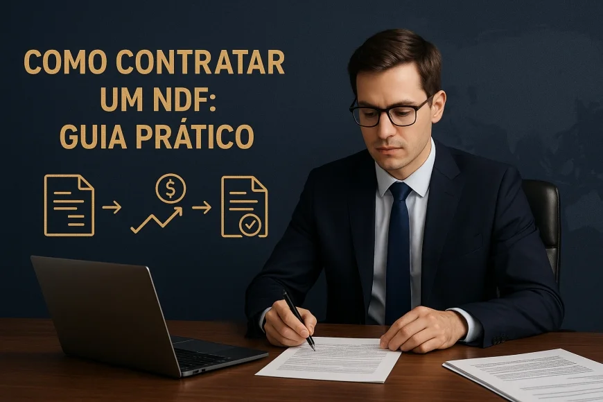 Analista financeiro revisando contrato NDF com gráficos de dólar e garantias
