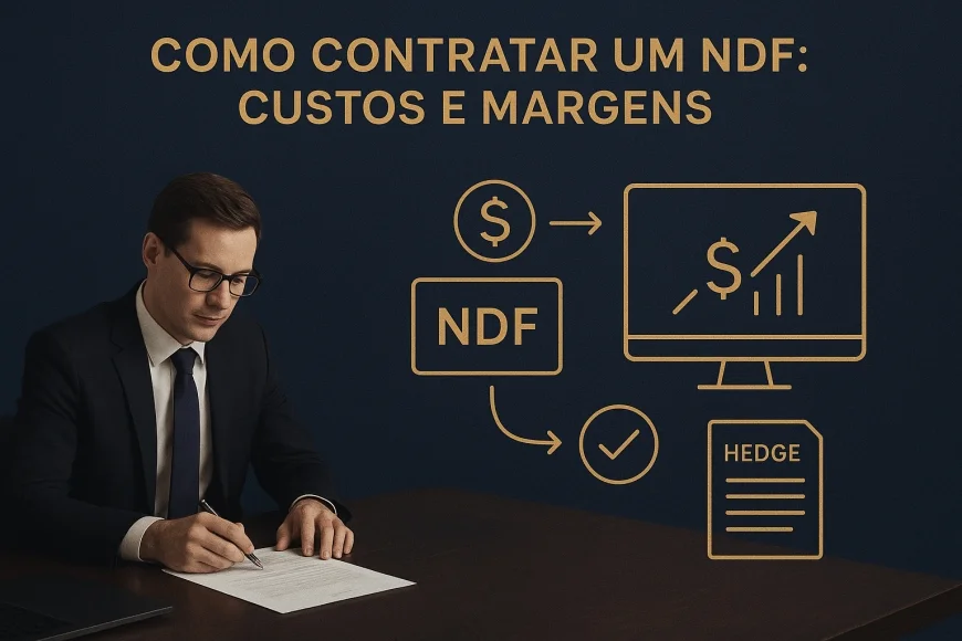 Analista financeiro revisando contrato cambial com telas de dólar e documentos corporativos