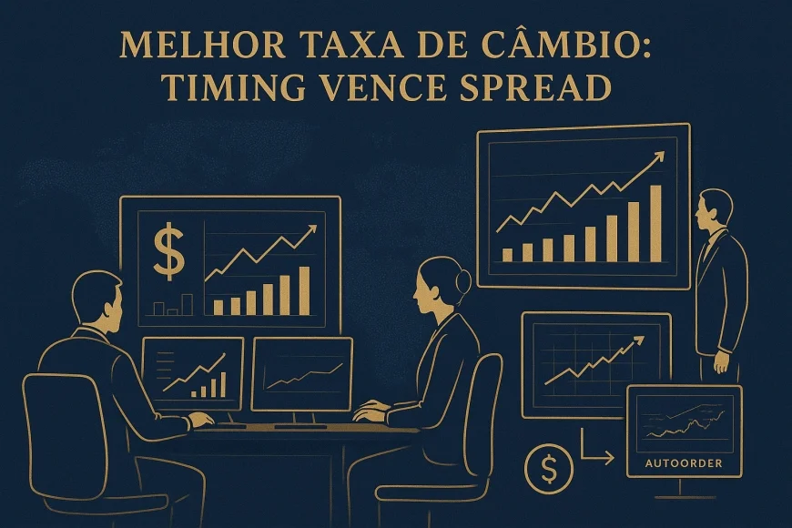Analistas observando gráficos de dólar e ordens automáticas em mesa de câmbio