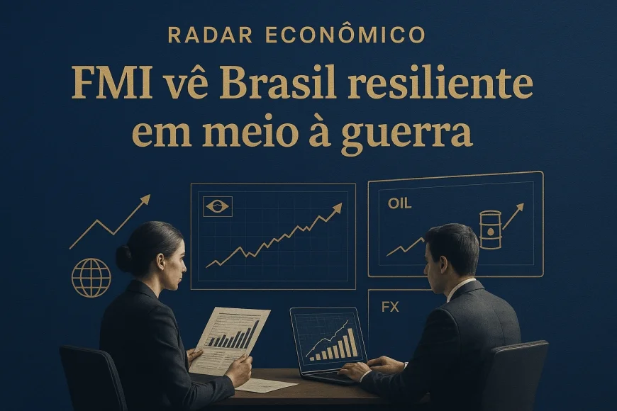 Analistas financeiros observando telas com câmbio, petróleo e projeções do Brasil