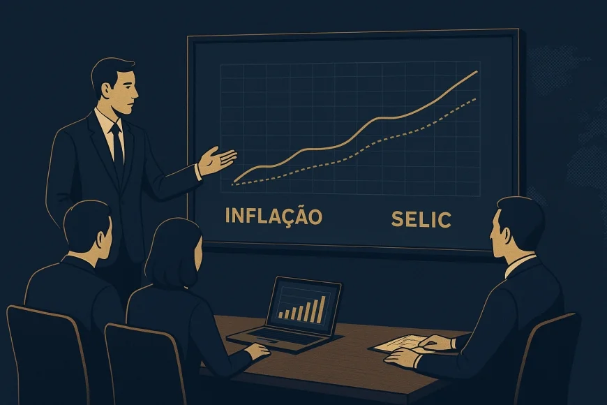 Analistas financeiros observando curva de juros e inflação em tela de tesouraria