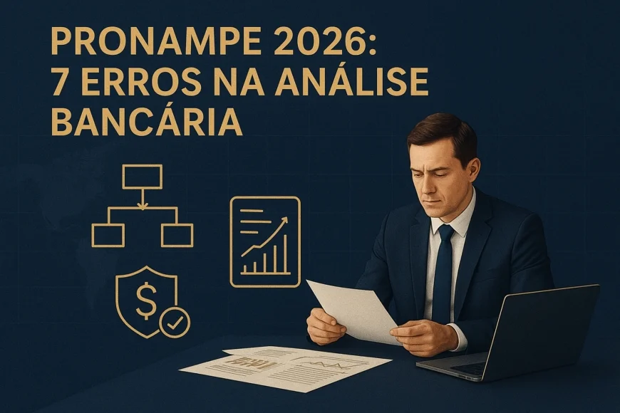 Analista financeiro revisando documentos de PME com gráficos de fluxo de caixa