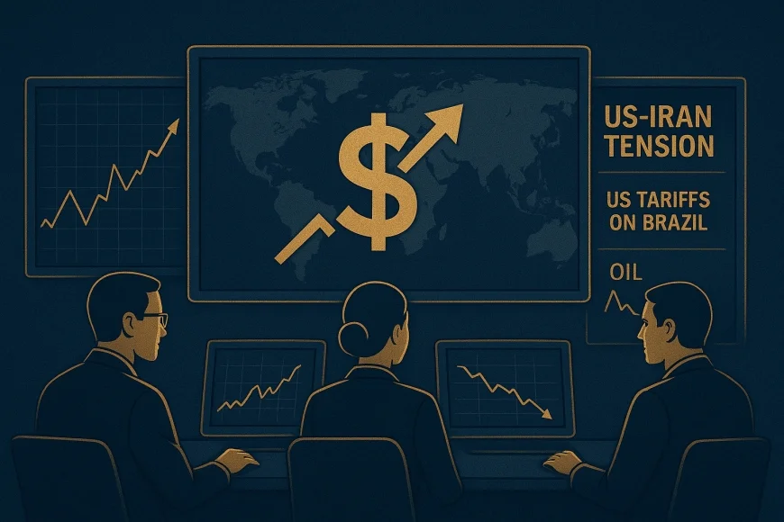 Analistas em mesa de câmbio monitorando dólar e risco geopolítico
