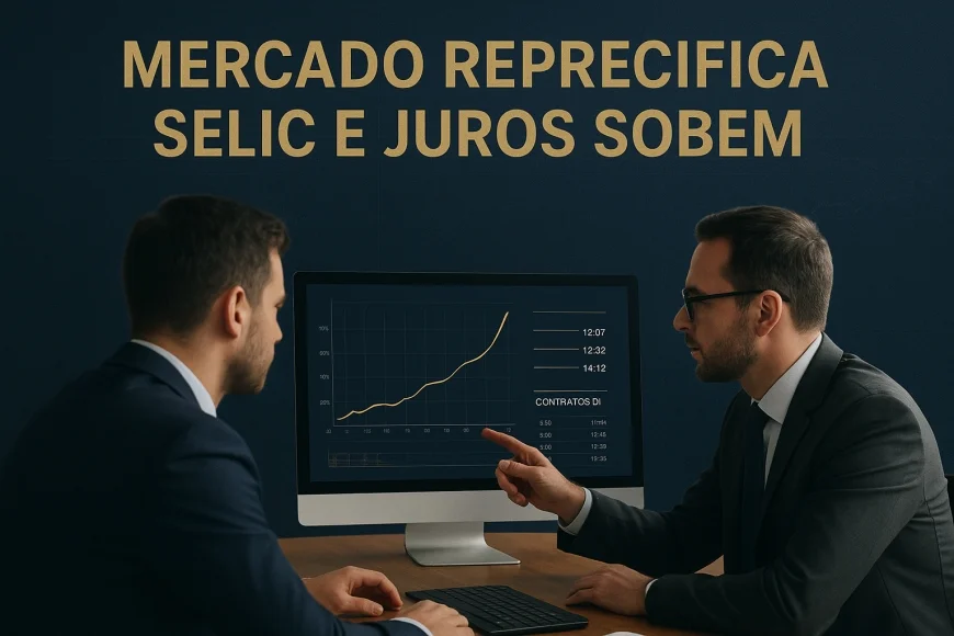 Executivos analisando curva de juros e contratos DI em mesa de tesouraria