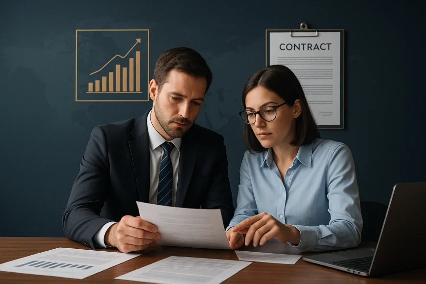 Analista e empresário revisando documentos de crédito empresarial com gráficos de caixa