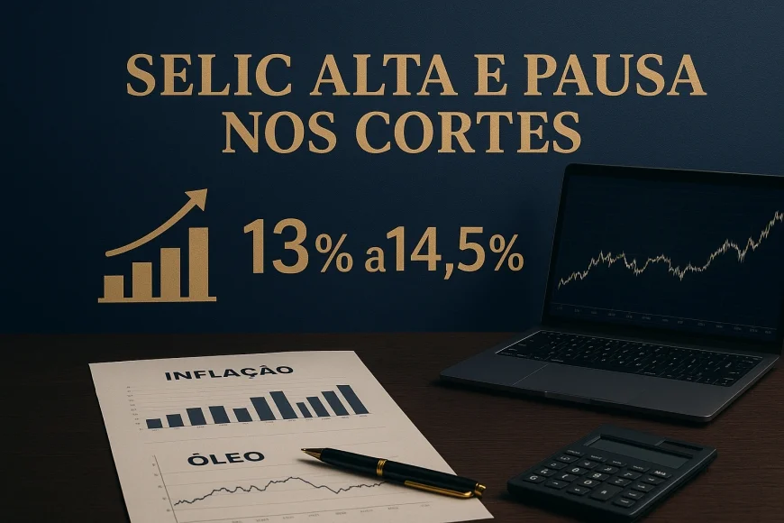 Analistas observando gráficos de juros e inflação em mesa corporativa
