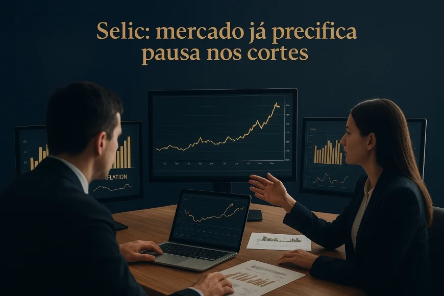 Analistas de tesouraria observando curva de juros e inflação em telas