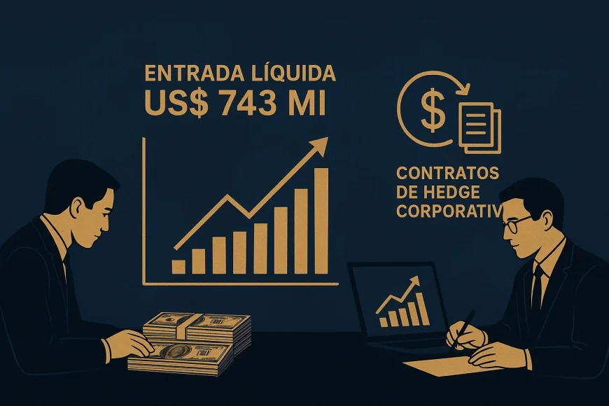 Analistas em mesa cambial avaliando fluxo de dólares e contratos de hedge