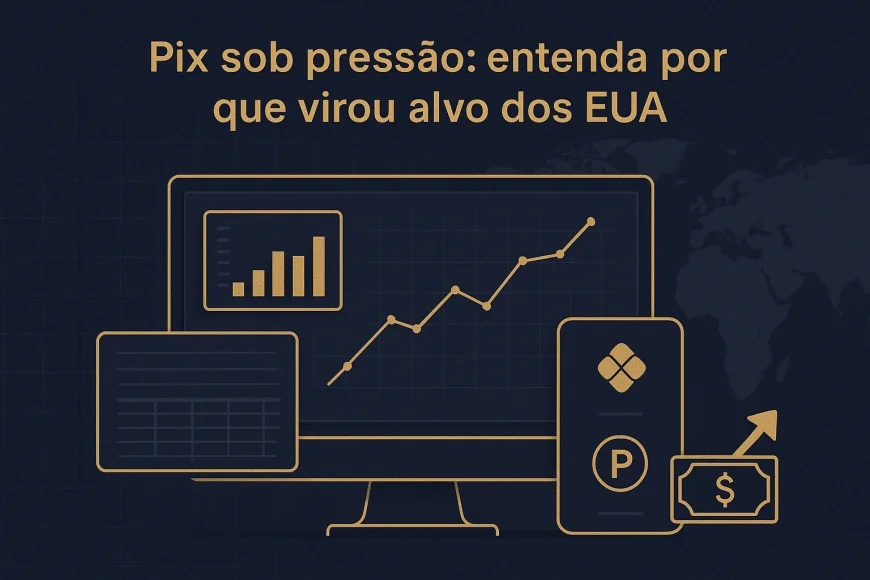 Mesa de operação financeira analisando dados do sistema Pix e pagamentos digitais no Brasil