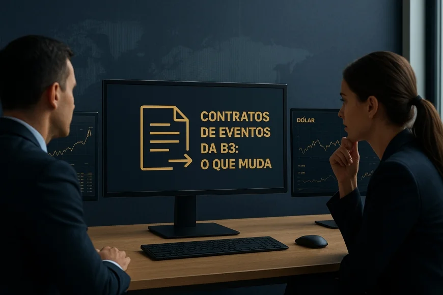 Analistas em mesa de trading observando gráfico de Ibovespa e dólar