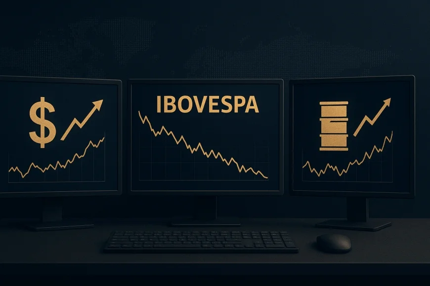 Mesa de operação acompanhando dólar, bolsa e petróleo em tela
