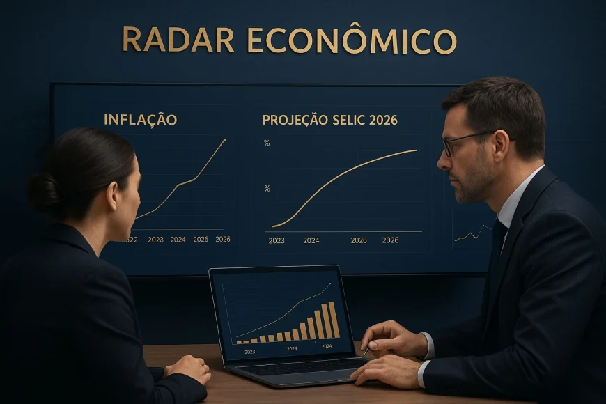 Analistas observando curva de juros e projeções de inflação em tela financeira