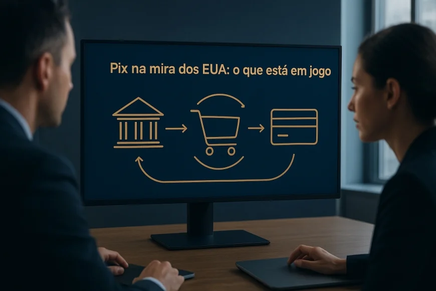 Analistas financeiros observando fluxo de pagamentos instantâneos em tela corporativa