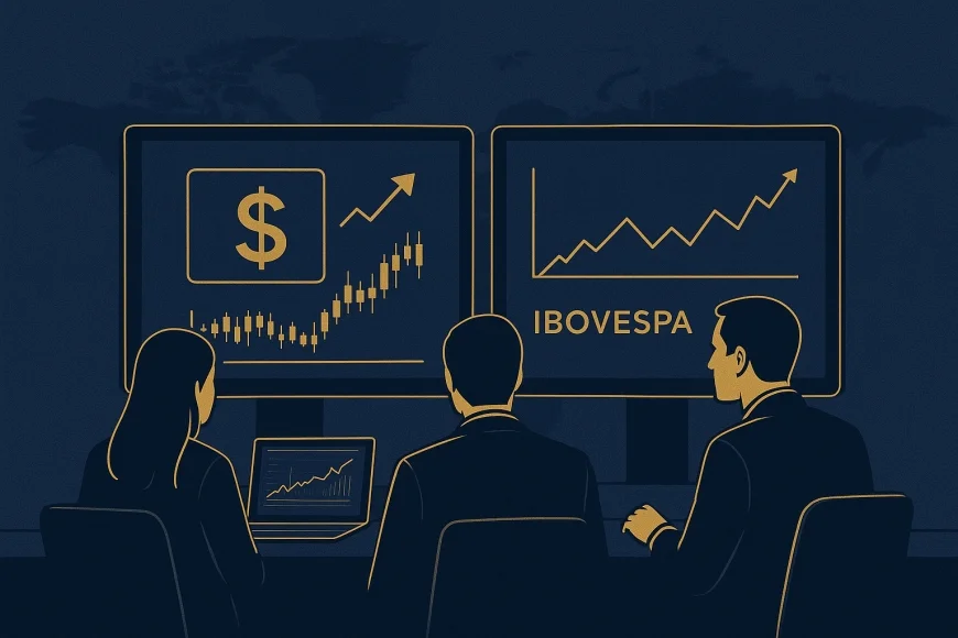 Analistas em mesa de operação acompanhando dólar e Ibovespa
