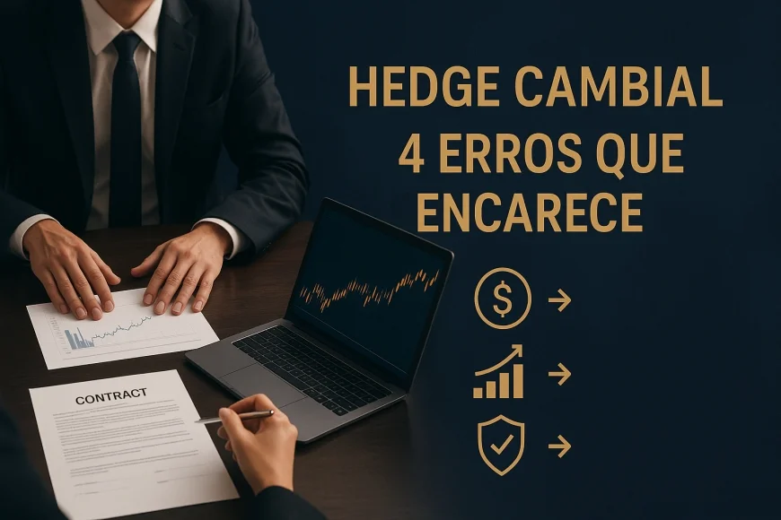 Analistas em mesa corporativa avaliando contratos e gráficos de câmbio