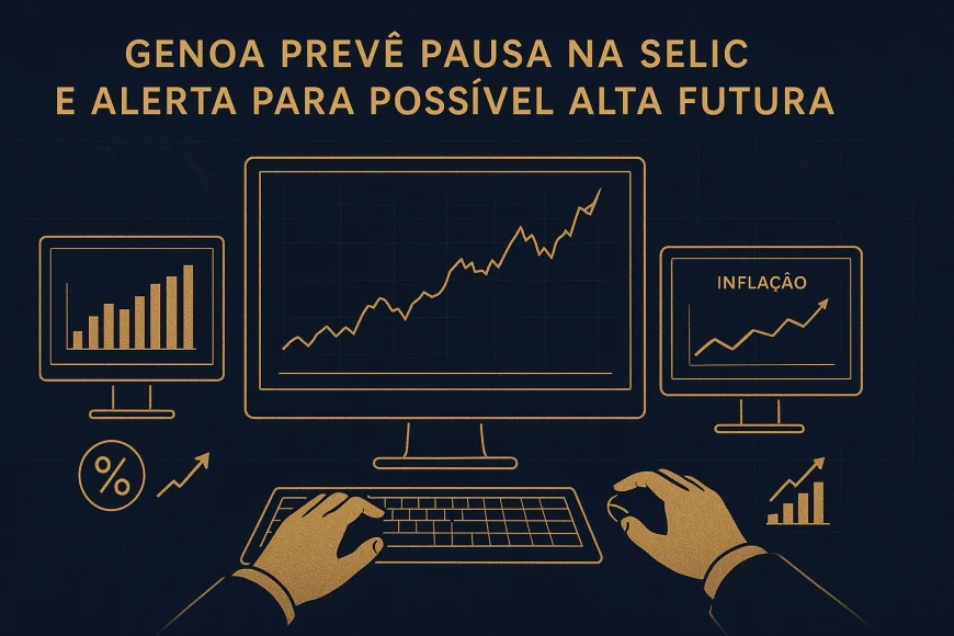 Mesa de operação financeira analisando gráficos de juros e inflação no Brasil em múltiplos monitores