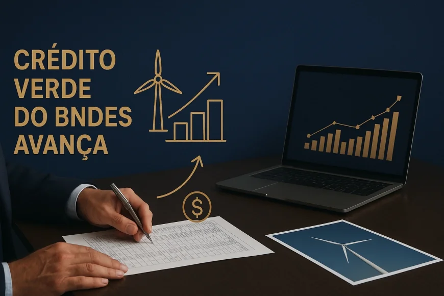 Executivo analisando financiamento sustentável com planilhas e maquete industrial