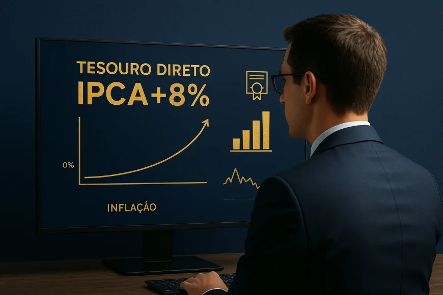 Investidor analisando curva de juros com títulos públicos e gráfico de inflação