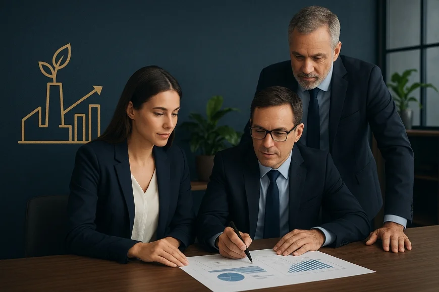 Executivos avaliando projeto industrial sustentável com gráficos financeiros